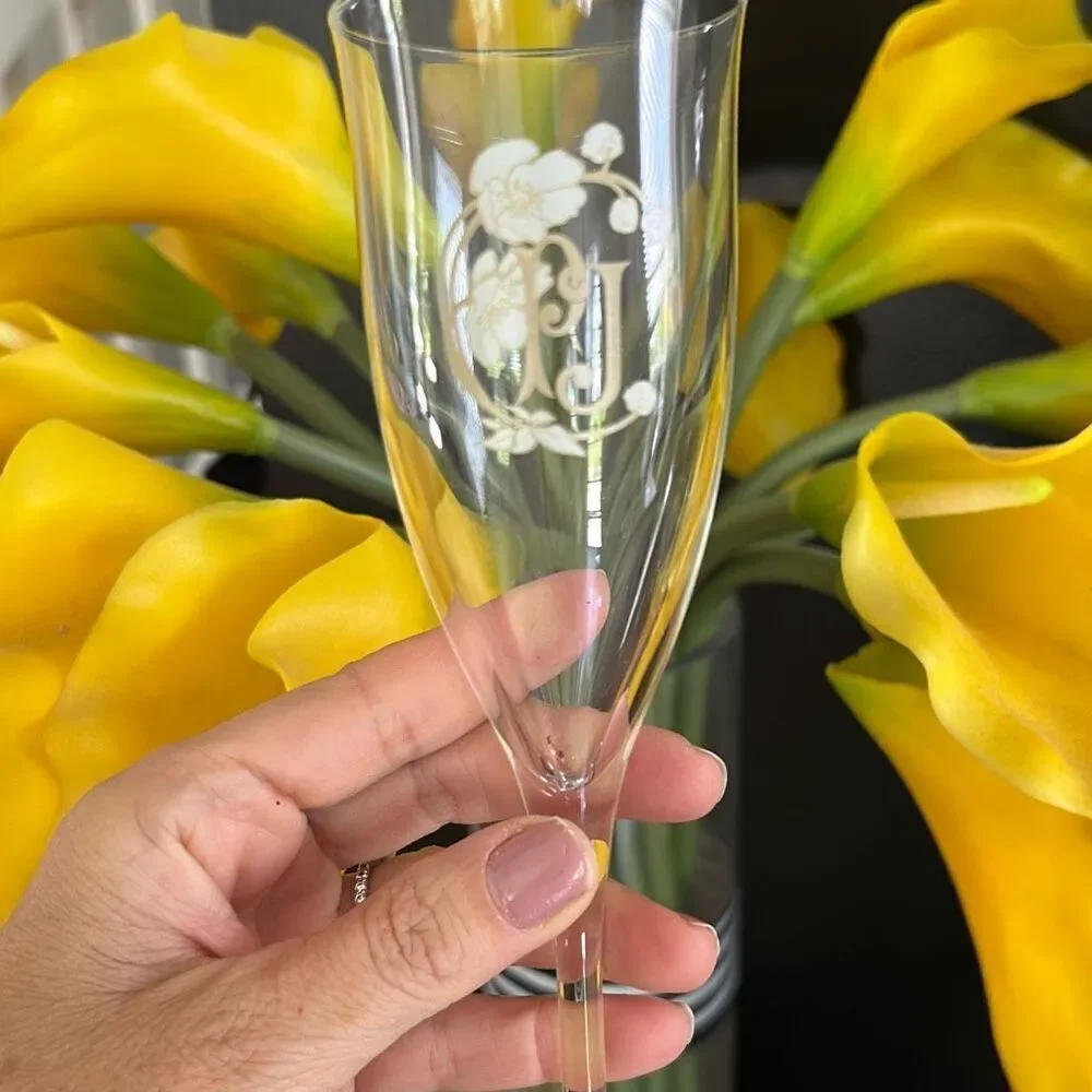 2 Perrier Jouet signature champagne flutes glasses with floral design set of two